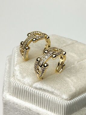 Chunky Gold Huggies  CZ Pave Hoop Earrings Chain Link